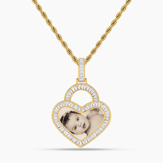 Iced Baguette Heart Photo Pendant